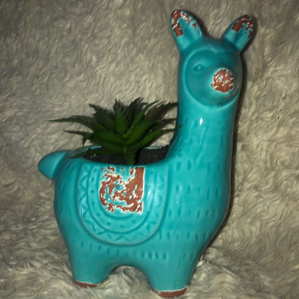 Blue Llama or alpaca planter with faux succulent cactus